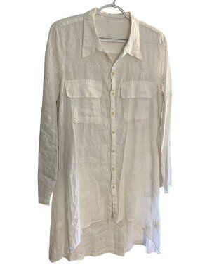 CP Shades White Embroidered 100% Linen  button-down tunic Shirt Dress Small USA